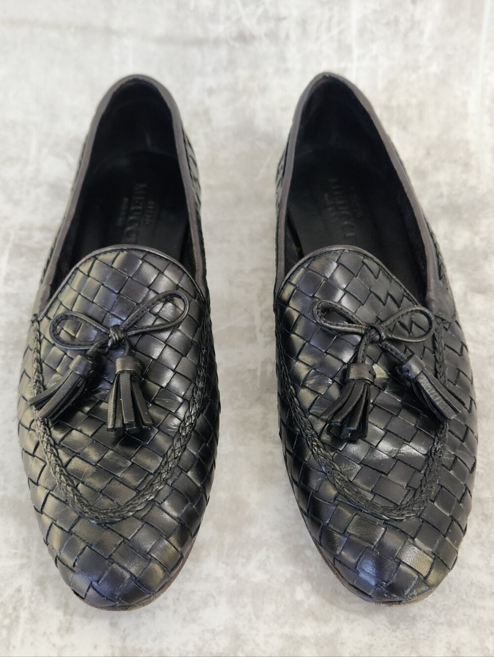 Sesto Meucci Black Woven Leather Tassel Loafers